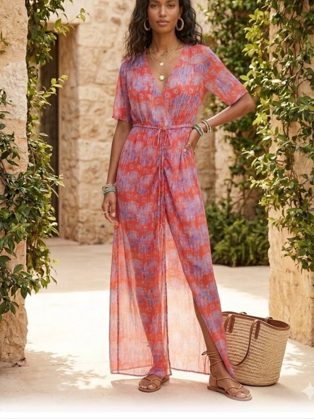 Eywasouls Malibu Size M/S Orange & Lavender Floral Maxi Dress.